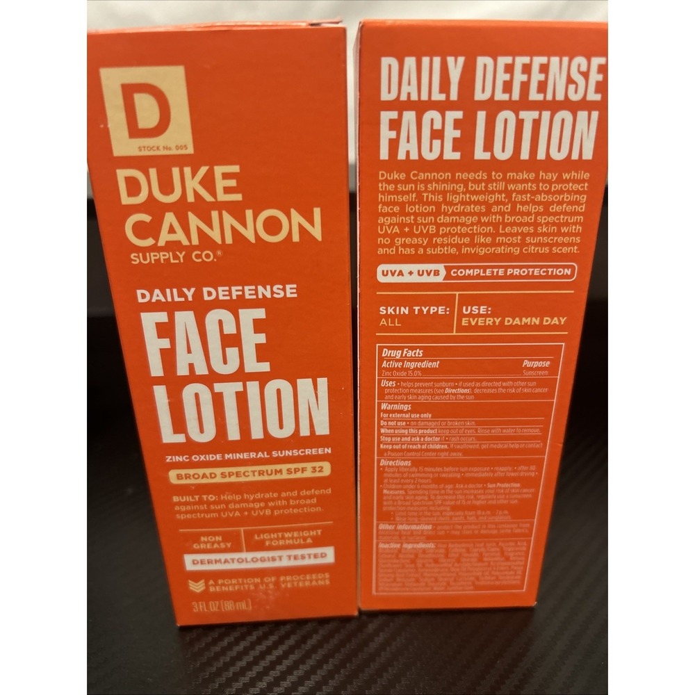 2 Duke Cannon Daily Defense Face Lotion SPF 32 Zinc Oxide Broad Spectrum Mineral